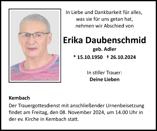 Traueranzeige von Erika Daubenschmid von Fränkische Nachrichten