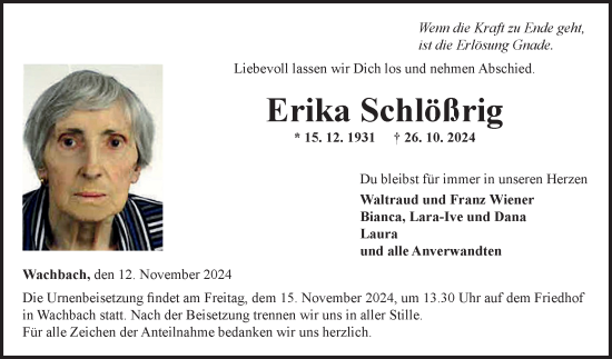 Traueranzeige von Erika Schlößrig von Fränkische Nachrichten