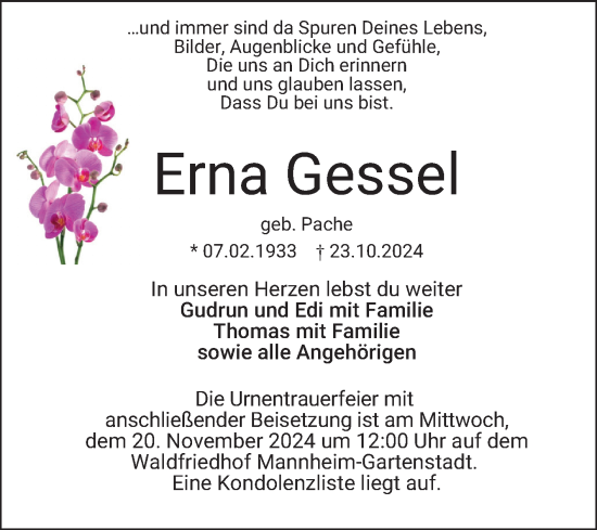 Traueranzeige von Erna Gessel von Mannheimer Morgen