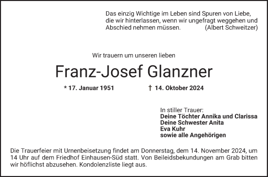 Traueranzeige von Franz-Josef Glanzner von Bergsträßer Anzeiger