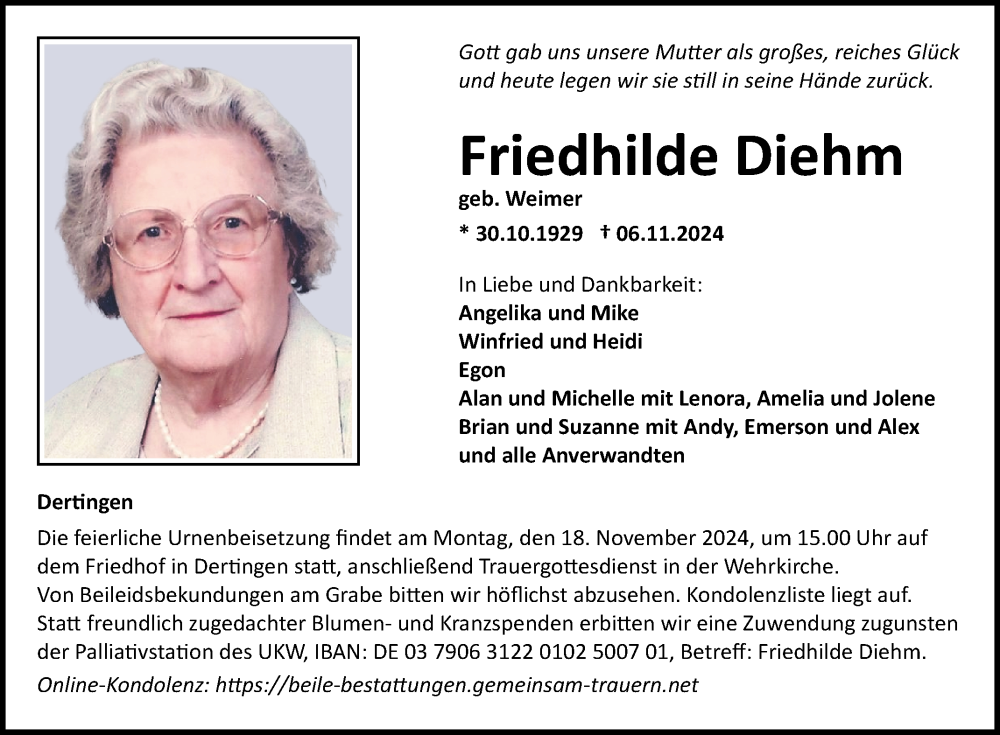  Traueranzeige für Friedhilde Diehm vom 13.11.2024 aus Fränkische Nachrichten