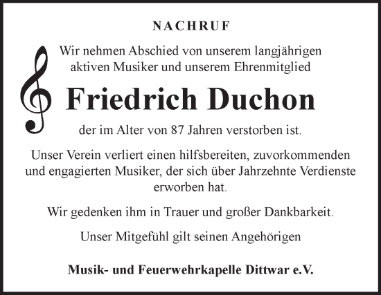 Traueranzeige von Friedrich Duchon von Fränkische Nachrichten