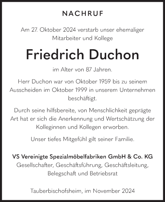 Traueranzeige von Friedrich Duchon von Fränkische Nachrichten