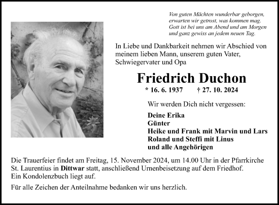 Traueranzeige von Friedrich Duchon von Fränkische Nachrichten