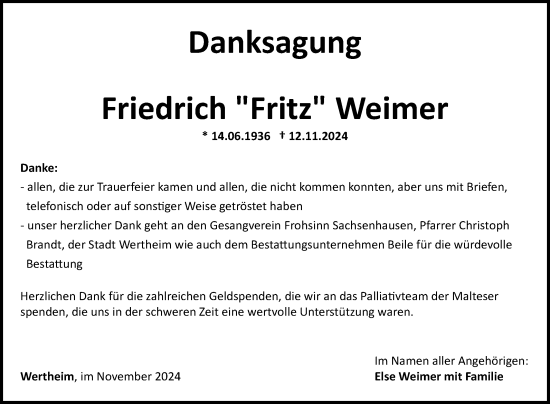 Traueranzeige von Friedrich Weimer von Fränkische Nachrichten