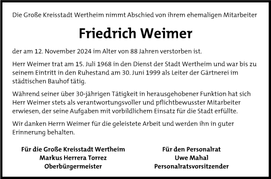 Traueranzeige von Friedrich Weimer von Fränkische Nachrichten