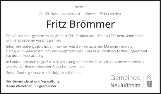 Traueranzeige von Fritz Brömmer von Schwetzinger Zeitung