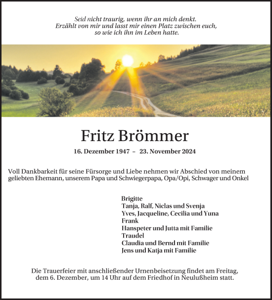 Traueranzeige von Fritz Brömmer von Schwetzinger Zeitung