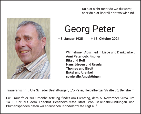 Traueranzeige von Georg Peter von Bergsträßer Anzeiger