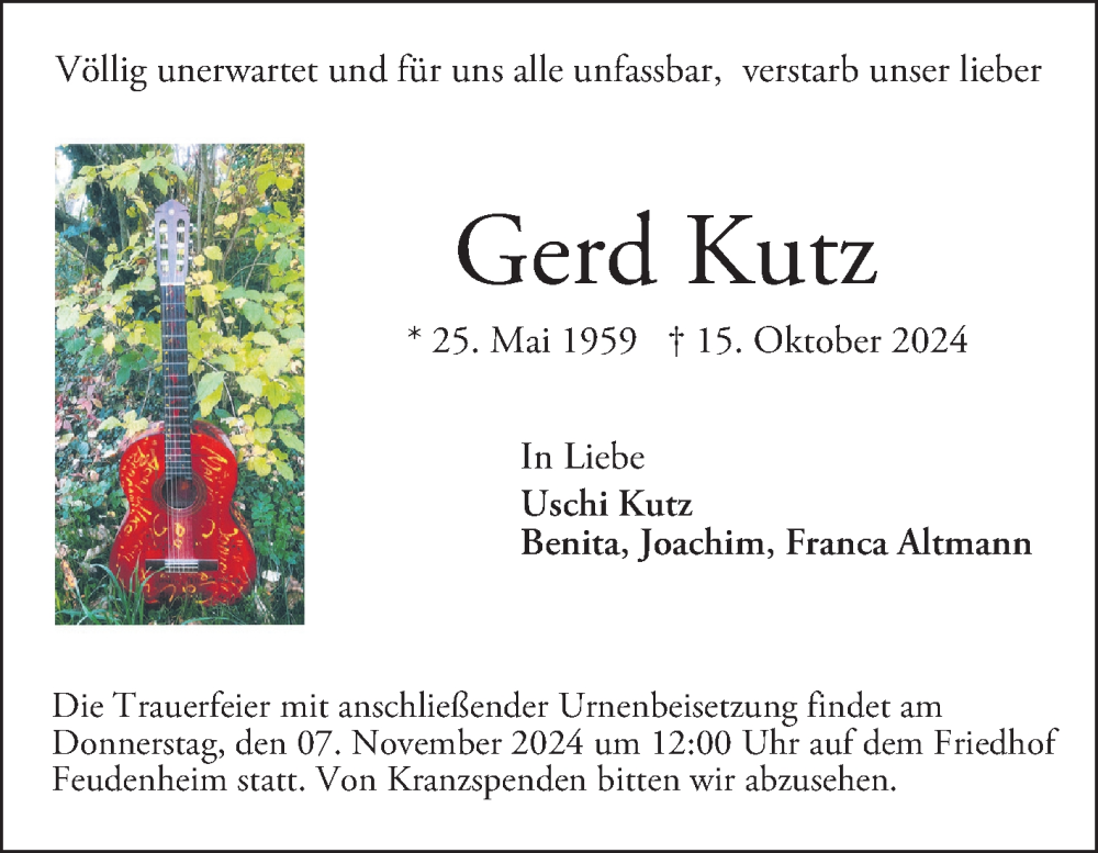  Traueranzeige für Gerd Kutz vom 02.11.2024 aus Mannheimer Morgen