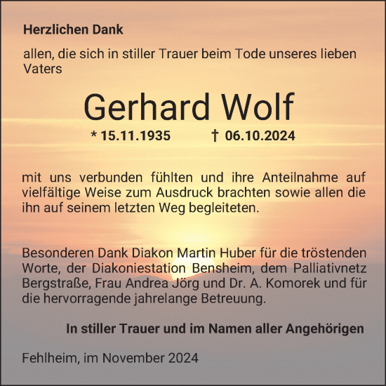 Traueranzeige von Gerhard Wolf von Bergsträßer Anzeiger