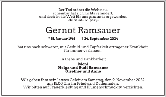 Traueranzeige von Gernot Ramsauer von Schwetzinger Zeitung