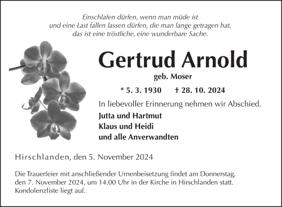 Traueranzeige von Gertrud Arnold von Fränkische Nachrichten