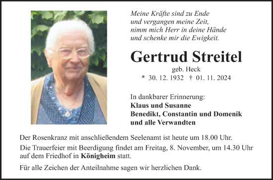 Traueranzeige von Gertrud Streitel von Fränkische Nachrichten