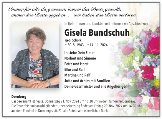 Traueranzeige von Gisela Bundschuh von Fränkische Nachrichten