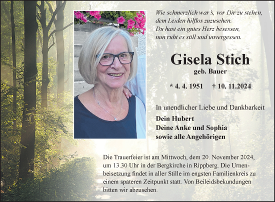 Traueranzeige von Gisela Stich von Fränkische Nachrichten