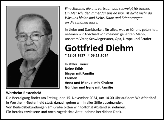 Traueranzeige von Gottfried Diehm von Fränkische Nachrichten