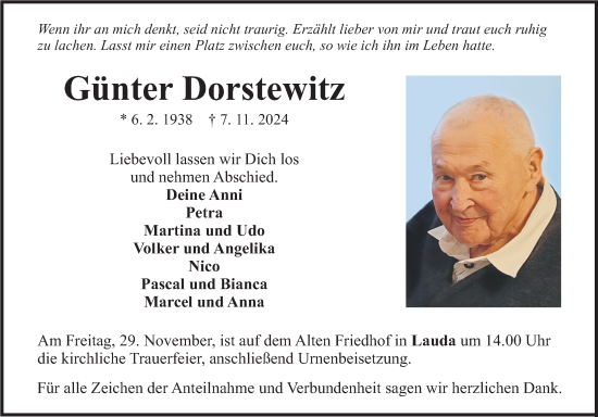 Traueranzeige von Günter Dorstewitz von Fränkische Nachrichten