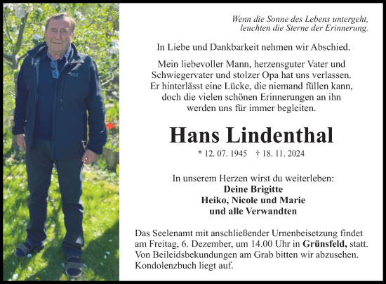 Traueranzeige von Hans Lindenthal von Fränkische Nachrichten