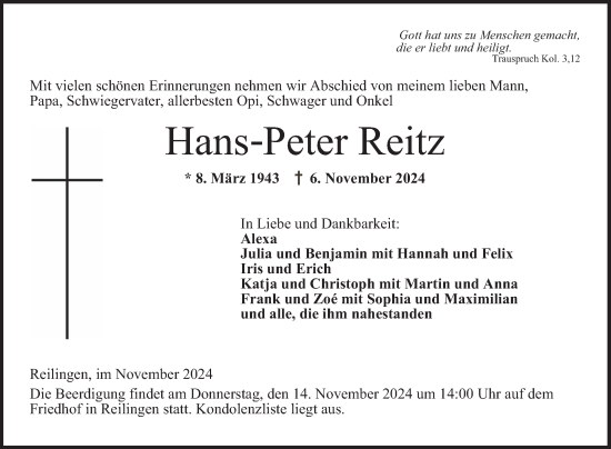 Traueranzeige von Hans-Peter Reitz von Schwetzinger Zeitung