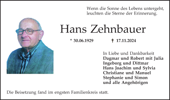 Traueranzeige von Hans Zehnbauer von Bergsträßer Anzeiger