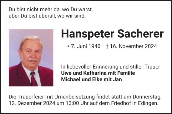 Traueranzeige von Hanspeter Sacherer von Mannheimer Morgen