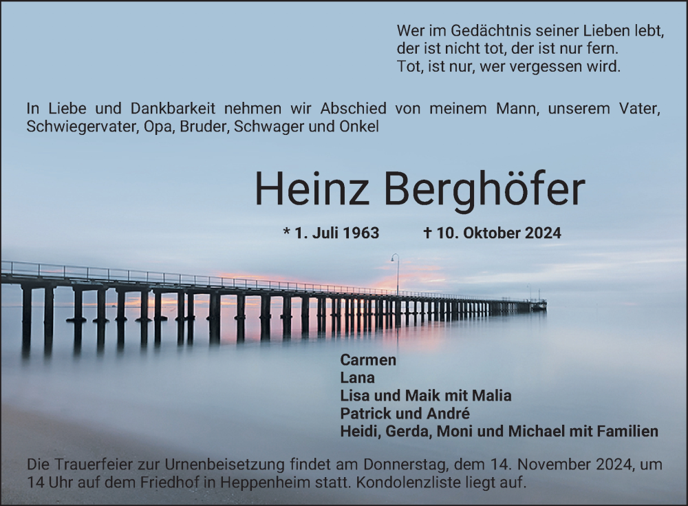  Traueranzeige für Heinz Berghöfer vom 09.11.2024 aus Bergsträßer Anzeiger