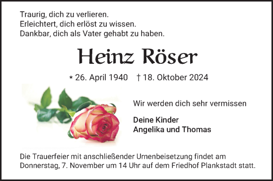 Traueranzeige von Heinz Röser von Schwetzinger Zeitung