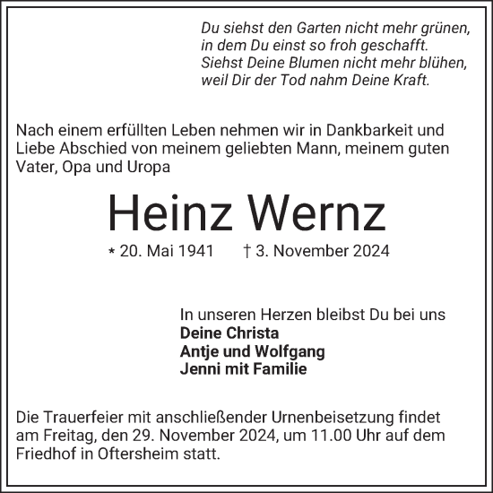 Traueranzeige von Heinz Wernz von Schwetzinger Zeitung