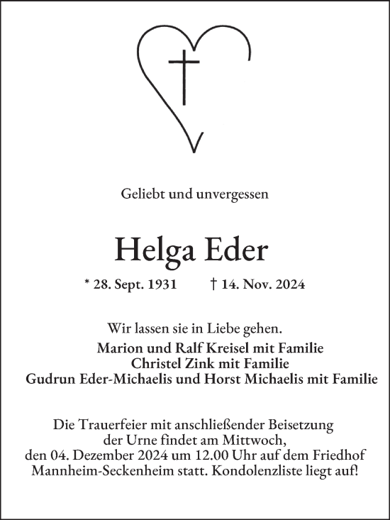 Traueranzeige von Helga Eder von Mannheimer Morgen