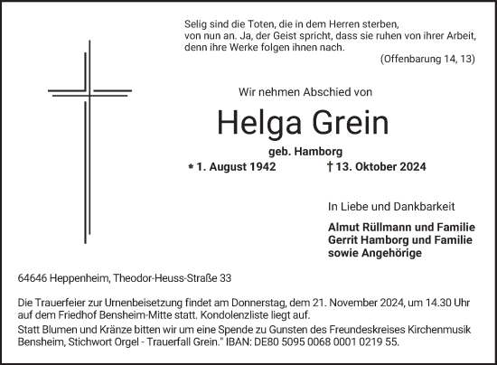 Traueranzeige von Helga Grein von Bergsträßer Anzeiger