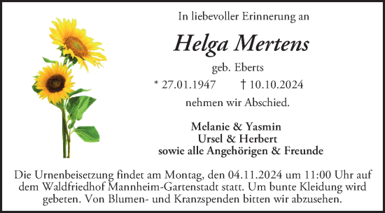 Traueranzeige von Helga Mertens von Mannheimer Morgen