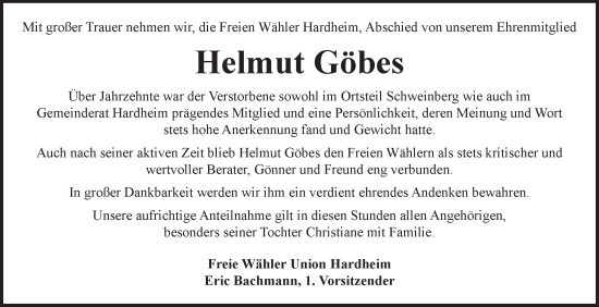 Traueranzeige von Helmut Göbes von Fränkische Nachrichten