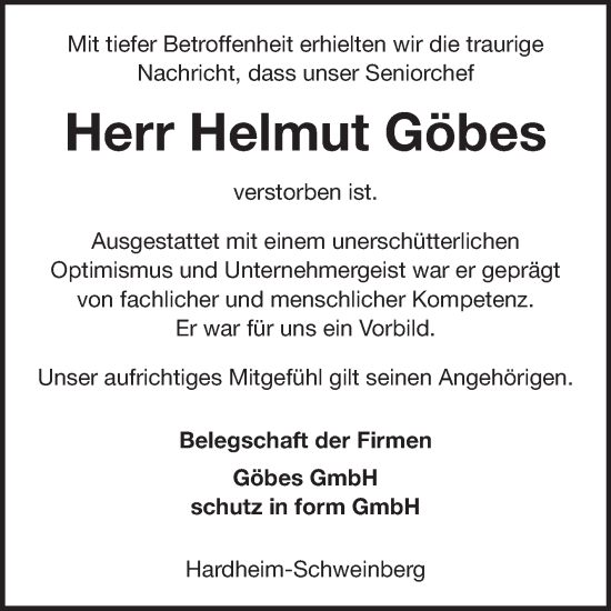 Traueranzeige von Helmut Göbes von Fränkische Nachrichten