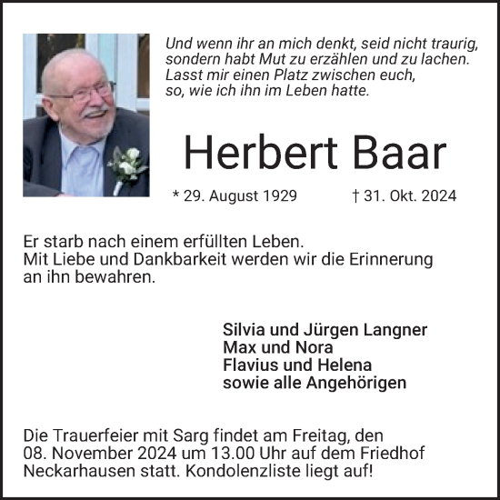 Traueranzeige von Herbert Baar von Mannheimer Morgen