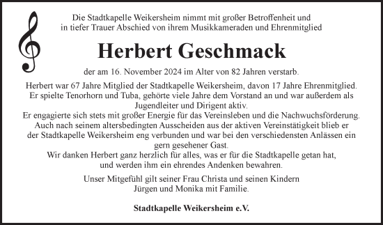 Traueranzeige von Herbert Geschmack von Fränkische Nachrichten