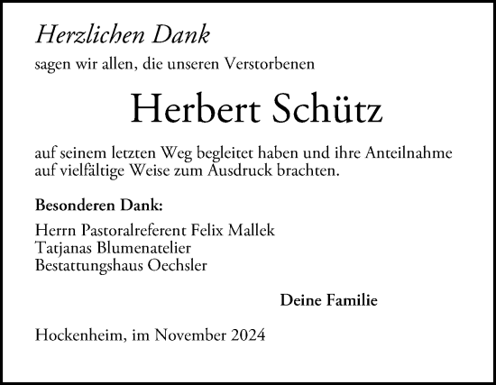 Traueranzeige von Herbert Schütz von Schwetzinger Zeitung