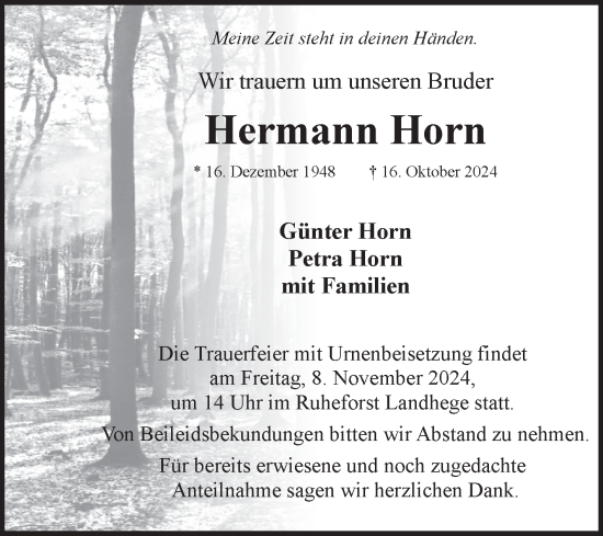 Traueranzeige von Hermann Horn von Fränkische Nachrichten