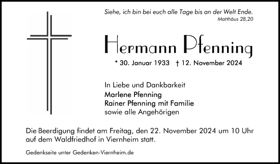 Traueranzeige von Hermann Pfenning von Mannheimer Morgen