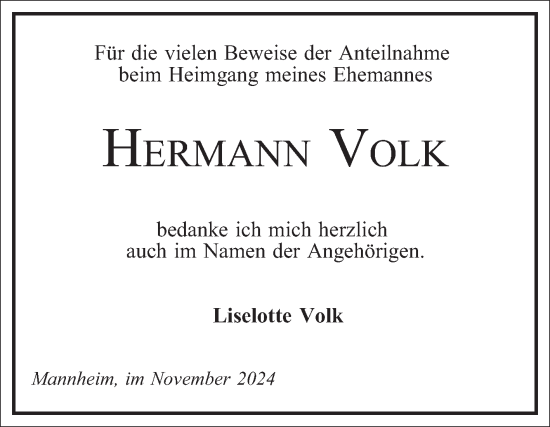 Traueranzeige von Hermann Volk von Mannheimer Morgen