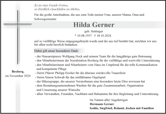 Traueranzeige von Hilda Gerner von Fränkische Nachrichten