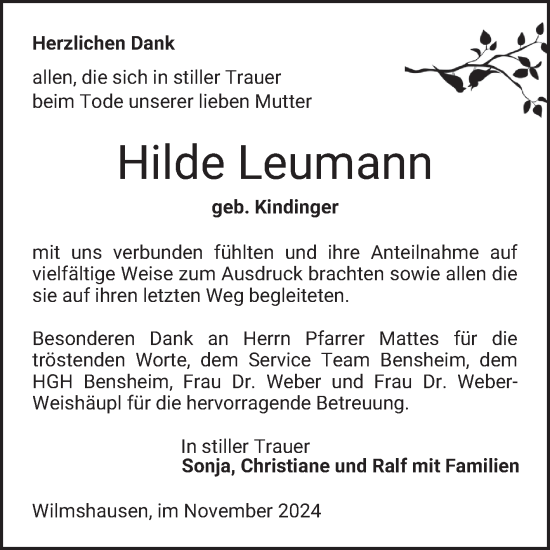 Traueranzeige von Hilde Leumann von Bergsträßer Anzeiger