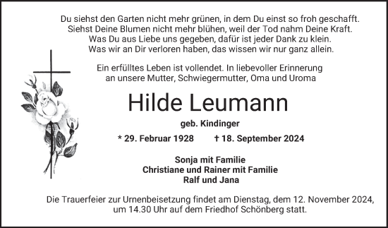 Traueranzeige von Hilde Leumann von Bergsträßer Anzeiger