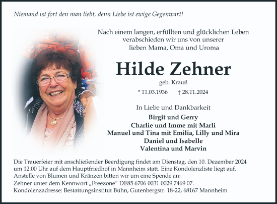 Traueranzeige von Hilde Zehner von Mannheimer Morgen