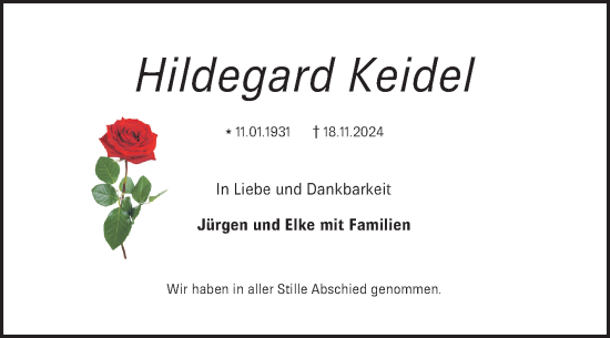 Traueranzeige von Hildegard Keidel von Mannheimer Morgen