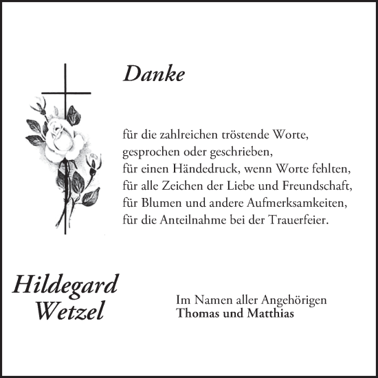 Traueranzeige von Hildegard Wetzel von Mannheimer Morgen