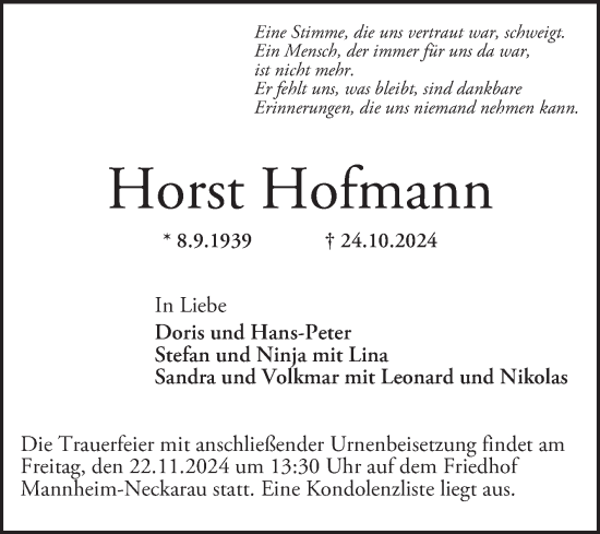 Traueranzeige von Horst Hofmann von Mannheimer Morgen