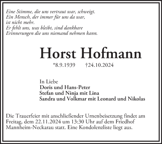 Traueranzeige von Horst Hofmann von Mannheimer Morgen