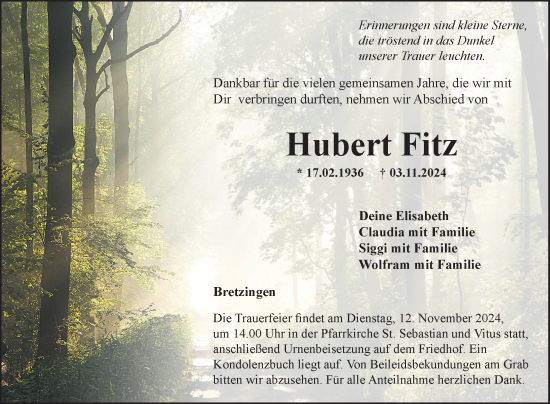 Traueranzeige von Hubert Fitz von Fränkische Nachrichten