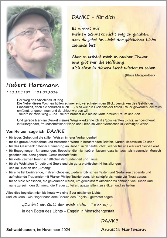 Traueranzeige von Hubert Hartmann von Fränkische Nachrichten